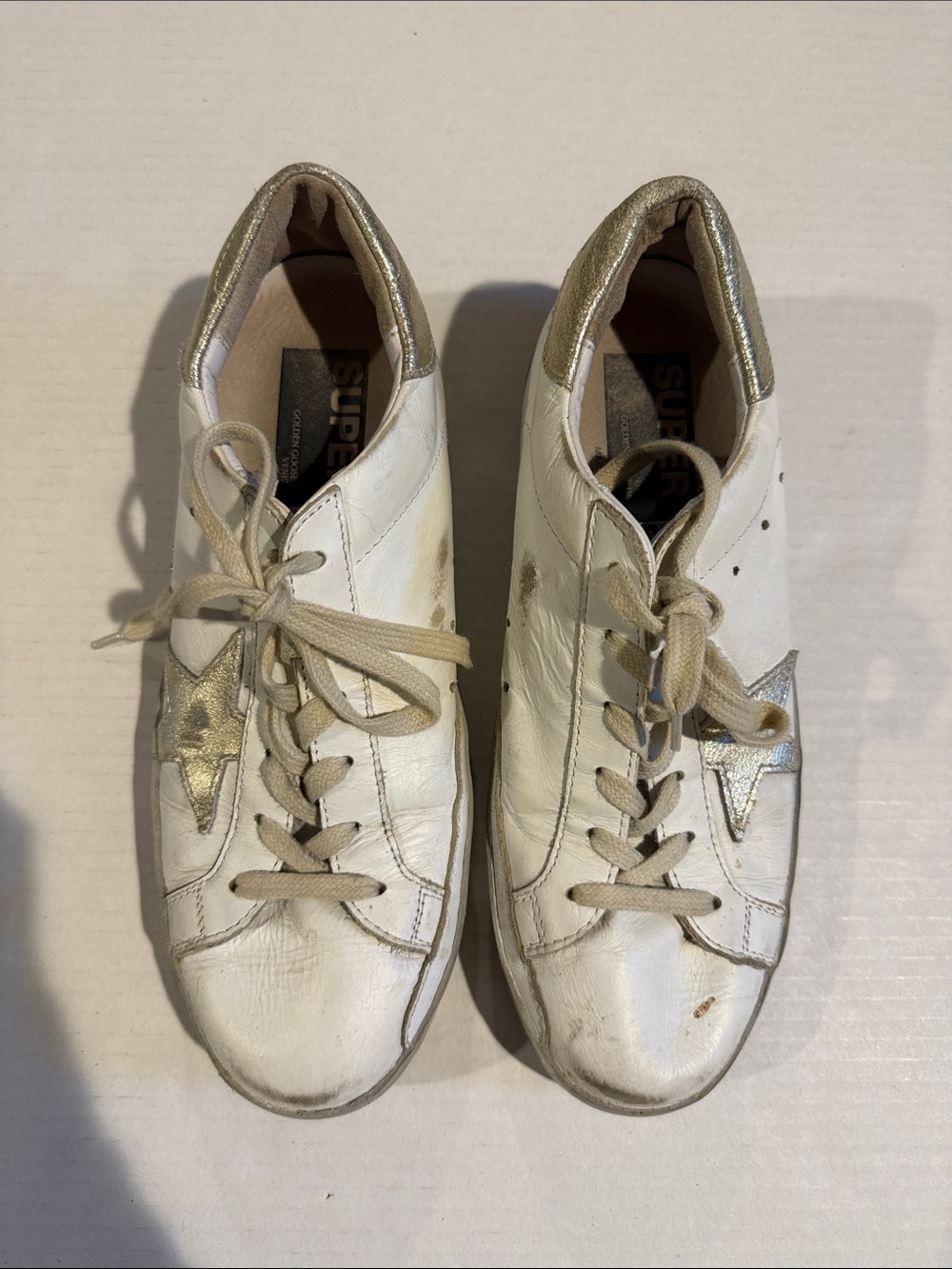 Golden Goose White Leather Sneakers with Gold Star and Heel